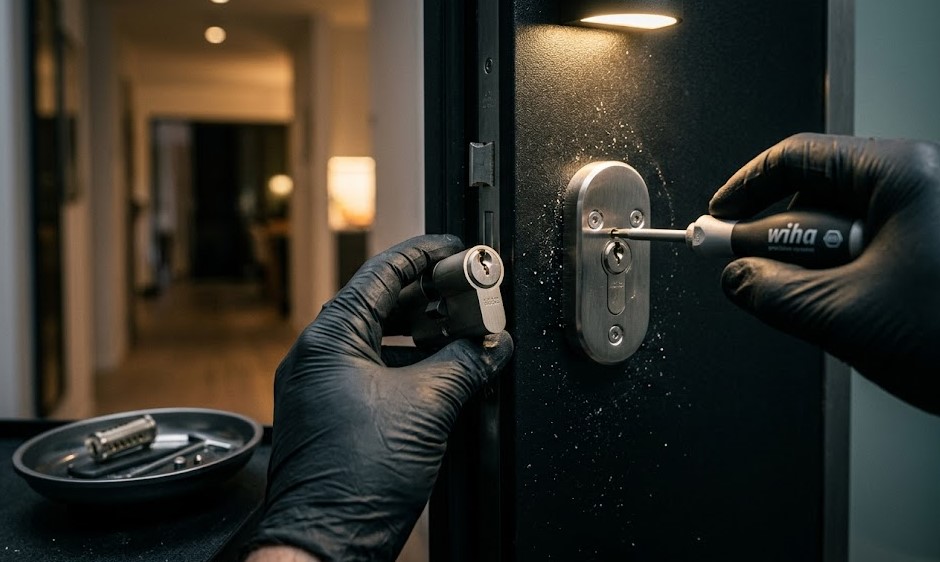 Especialista Cerrajero instalando cerradura anti-bumping en puerta de vivienda en Cúllar Vega